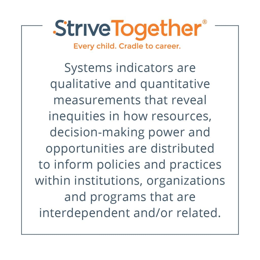 Systems indicators are qualitative and quantitative measurements that reveal inequities in how resources, decision-making power and opportunities are distributed to inform policies and practices within institutions, organizations and programs that are interdependent and/or related.