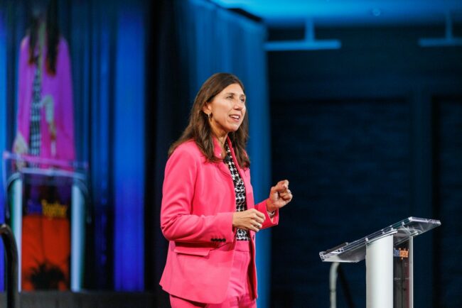 Jennifer Blatz, president and CEO of StriveTogether, speaks at the 2023 Cradle to Career Network Convening.