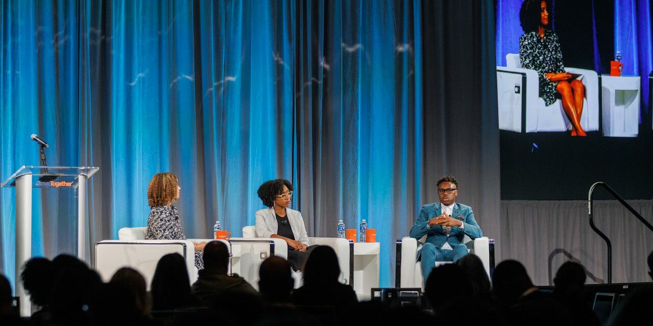 Jerelyn Rodriguez, co-founder and CEO of The Knowledge House, and Dr. Tim Lampkin, CEO of Higher Purpose Co., speak at the 2023 Cradle to Career Network Convening