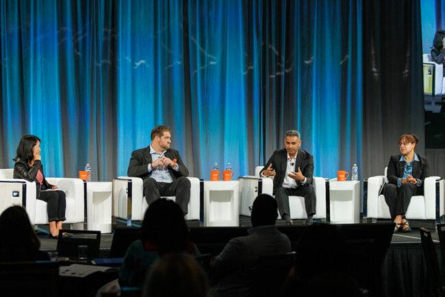 Daisy Nguyen, Colin Groth, Richard Raya and Kim Johnson sit on stage at the 2023 Cradle to Career Network Convening