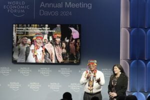 Amazon Sacred Headwaters' team members speak at the Schwab Foundation 2024 Social Innovation Awards session at the World Economic Forum Annual Meeting.