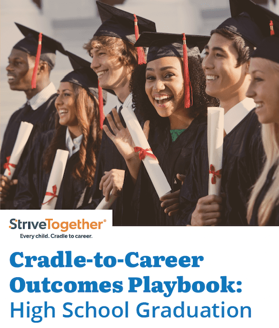 The High School Graduation Outcomes Playbook cover page, showing students holding diplomas and wearing graduation gowns. A young woman in the center of the group is waving at the camera.